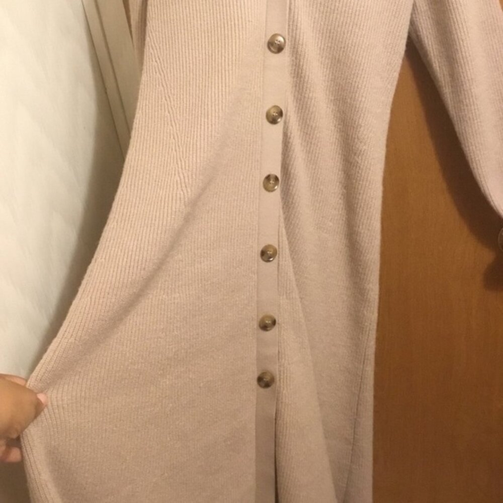 Ann Taylor Long Sleeve Ribbed Long Khaki Sweater Dress Button Down V Neck M - Picture 5 of 11